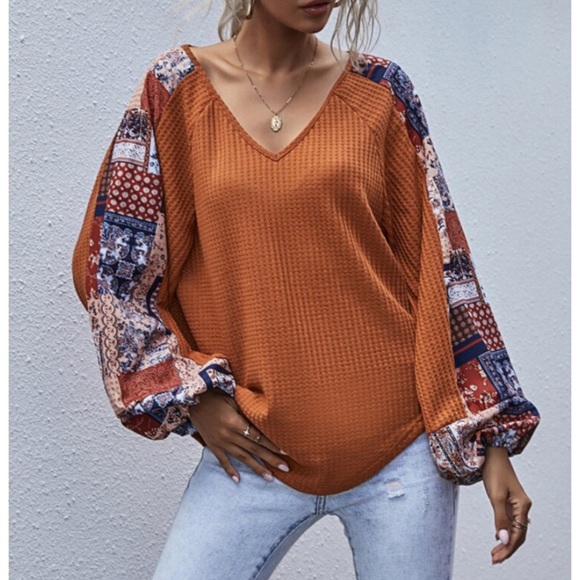 Tops - CLEARANCE Orange Fall Vibes Patchwork Waffle Long Sleeve Tee